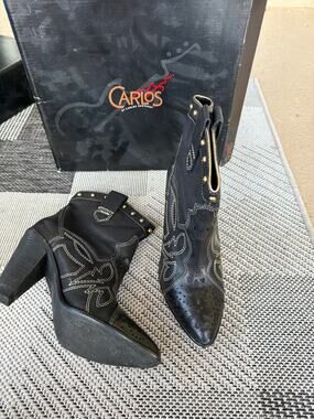 CARLOS Santana Western Boots Womens 8M Black Pointed Toe Heeled Leather Studded